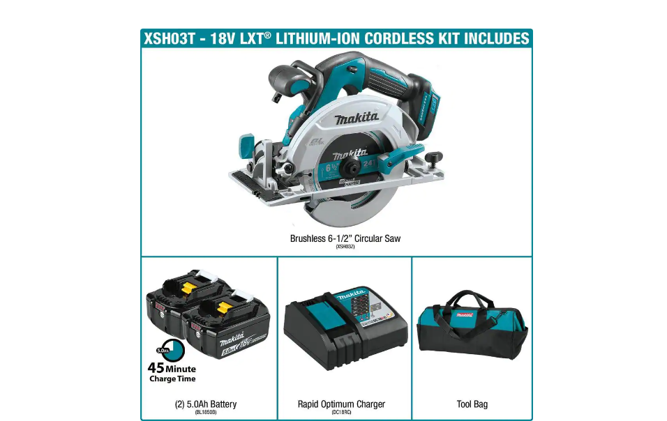 Makita XSH03T 18-Volt 5.0Ah LXT Lithium-Ion Brushless Cordless 6-1/2 in. Circular Saw Kit