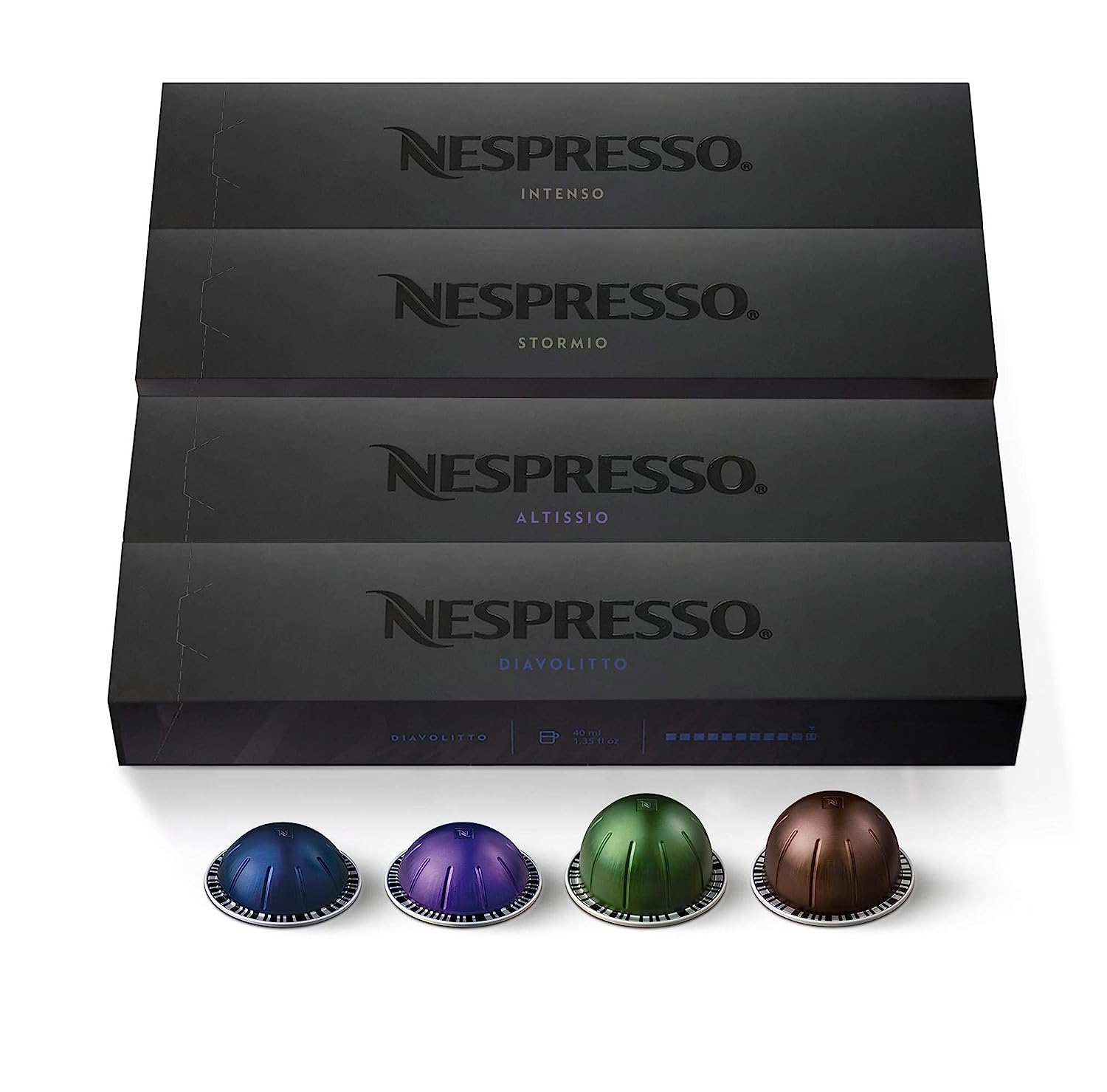 Nespresso Capsules VertuoLine. Dark Assortment Variety Pack. Dark Roast . 40 Count Coffee & Espresso Pods. Brews 7.8 oz and 1.35oz
