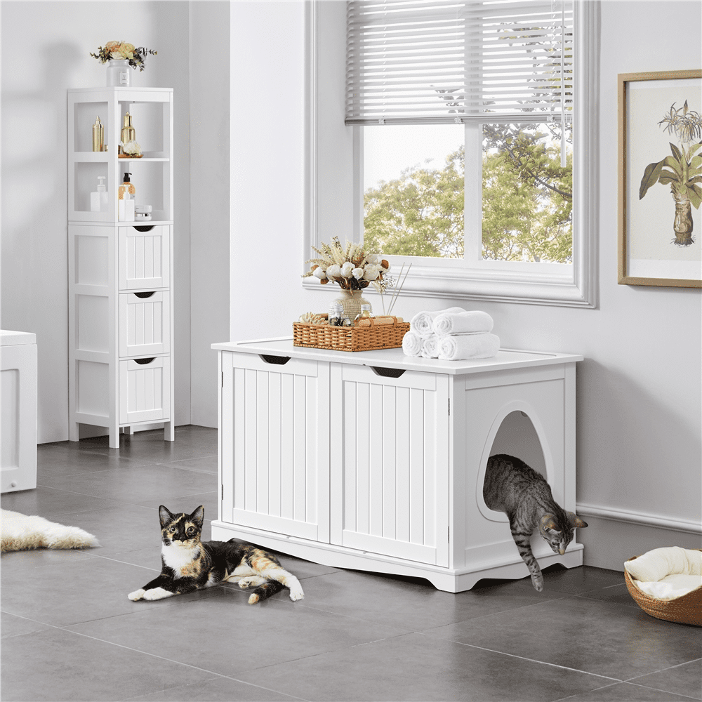 Easyfashion Wooden Cat Litter Box with Divider. White