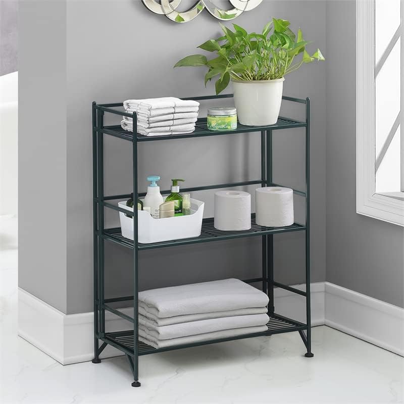 Convenience Concepts Xtra Storage Shelves - 3-Tier Wide Folding Metal Shelving. Modern Shelves for Storage and Display in Living Room. Bathroom. Office. Kitchen. Garage. Forest Green