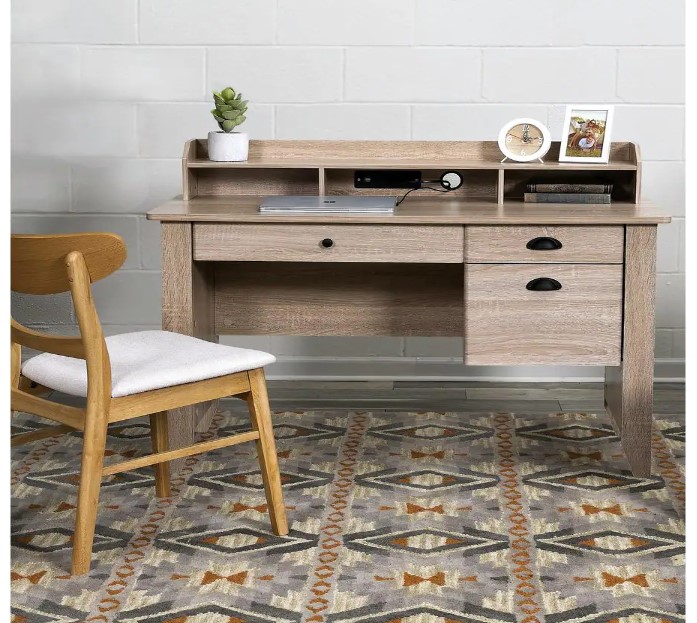 OneSpace 50-1617LO Rectangular Light Oak 3 Drawer Executive Desk with File Storage