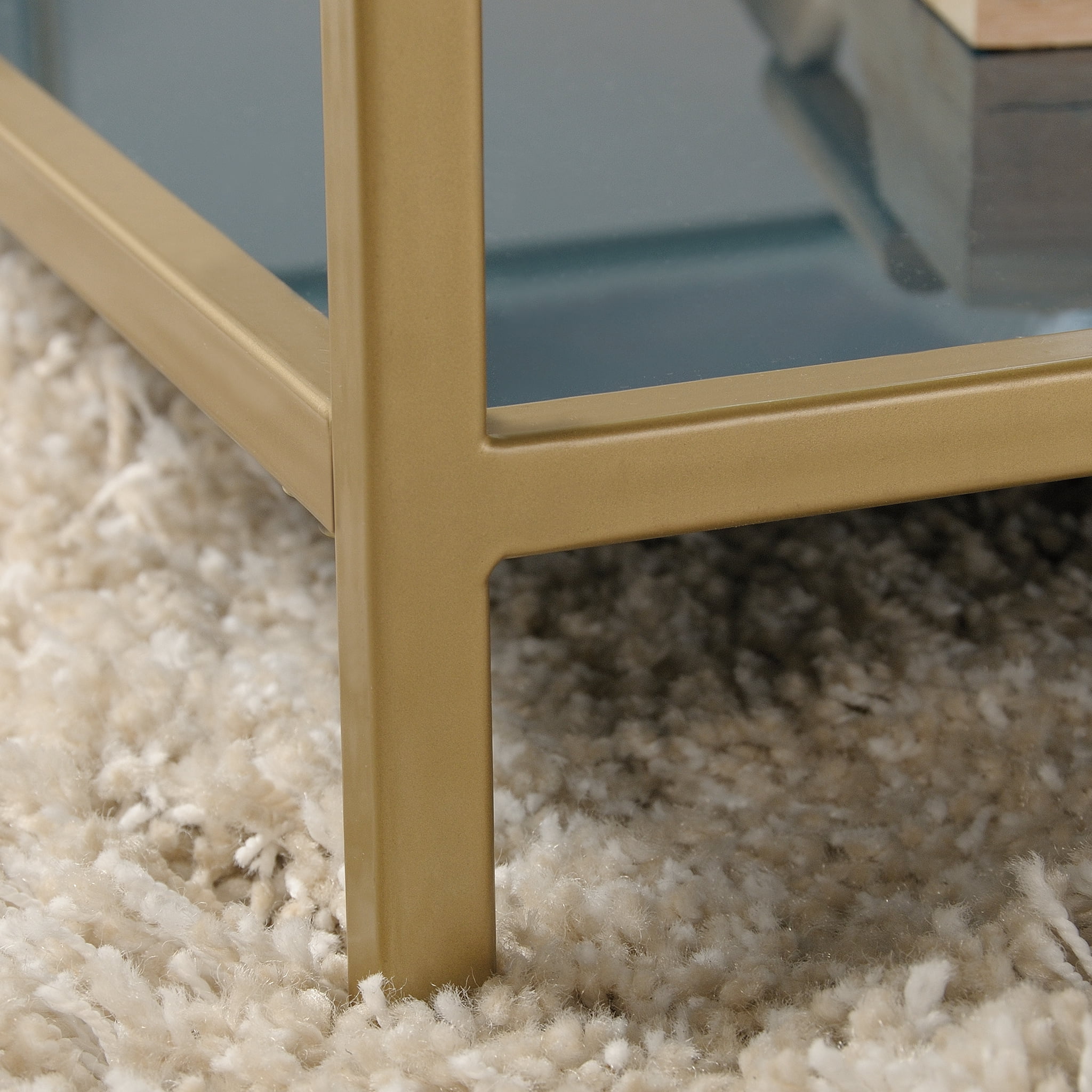 Sauder Coral Cape Square Glass Coffee Table with Shelves. Satin Gold/Clear