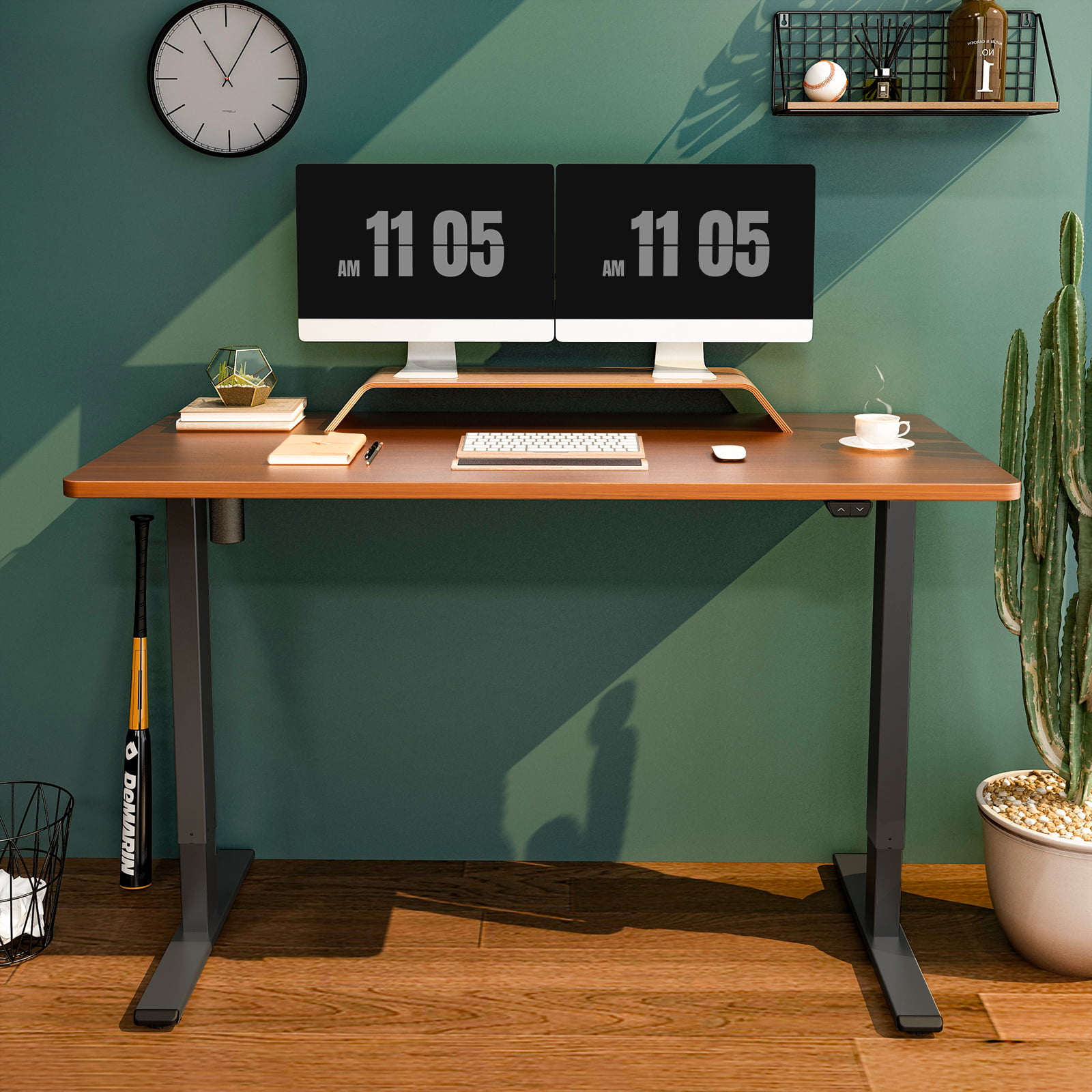 FLEXISPOT 55″ x 28″ Home Office Electric Height Adjustable Standing Desk Black Frame and Mahogany Top