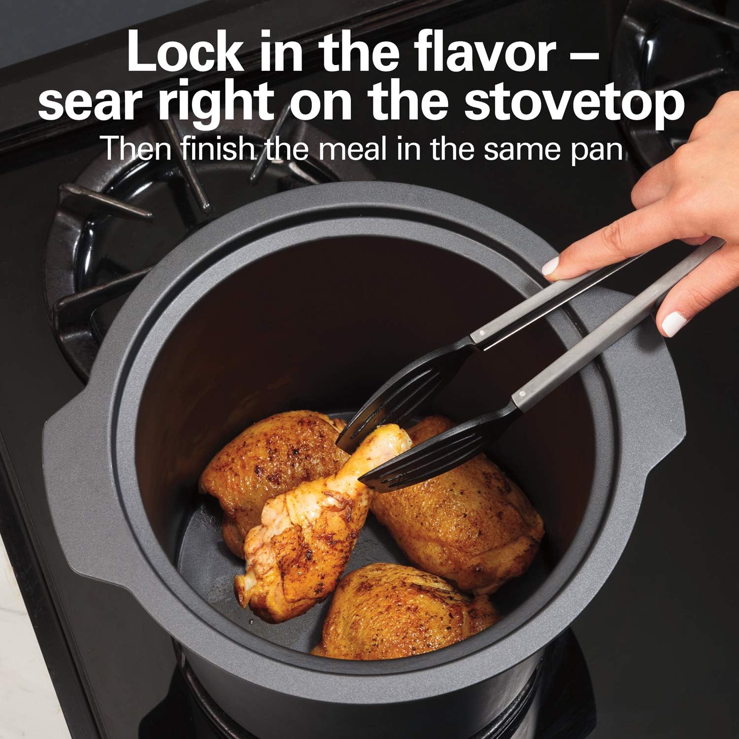 Hamilton Beach Sear & Cook Stock Pot Slow Cooker with Stovetop Safe Crock. Large 10 Quart Capacity. Programmable. Silver (33196)