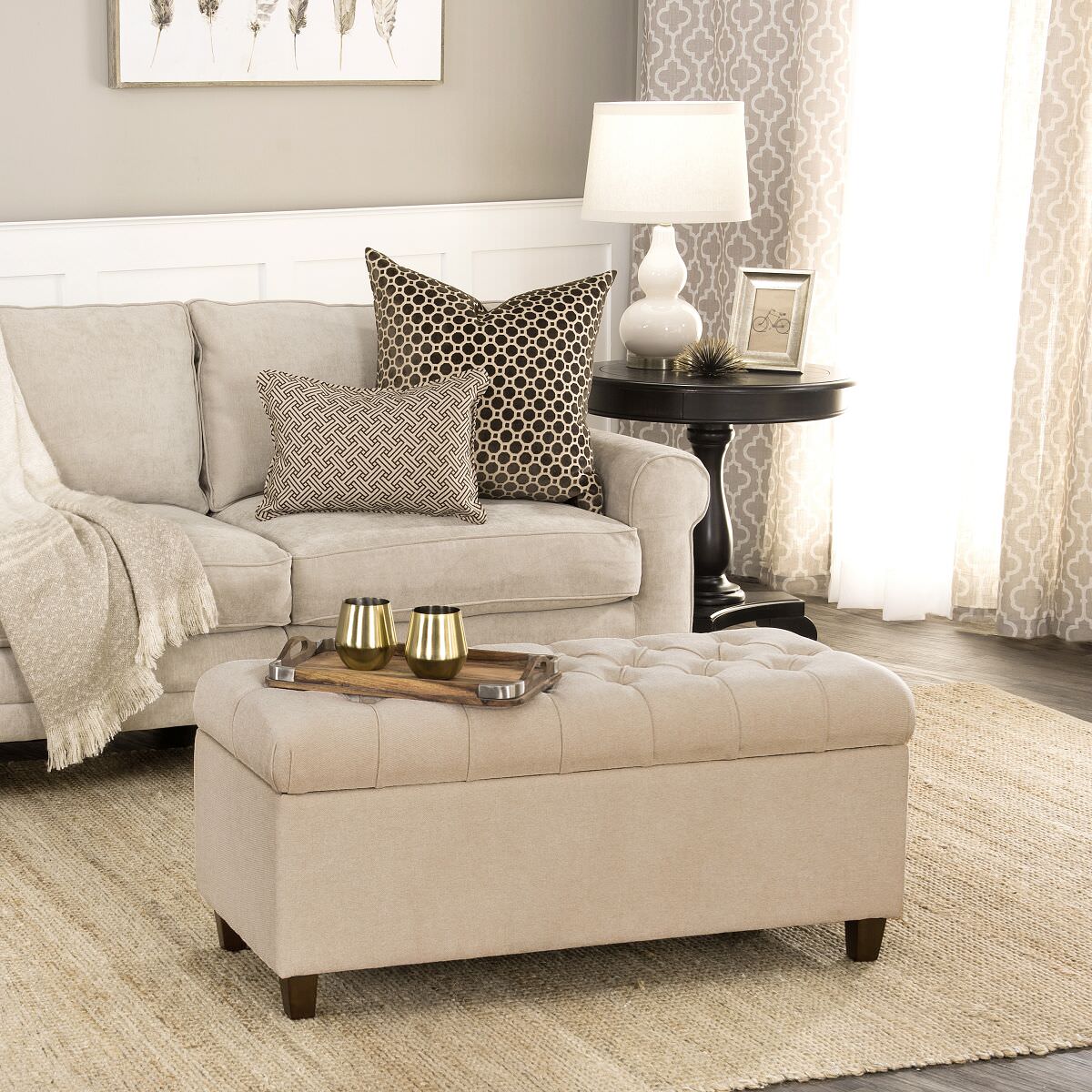 Fabric Upholstered Button Tufted Wooden Bench With Hinged Storage. Cream and Brown- Saltoro Sherpi