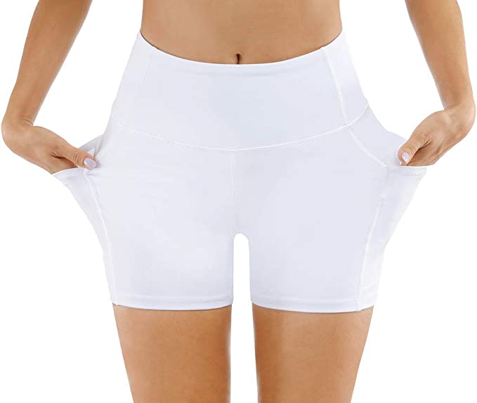 THE GYM PEOPLE High Waist Yoga Shorts for Women's Tummy Control Fitness Athletic Workout Running Shorts with Deep Pockets. White