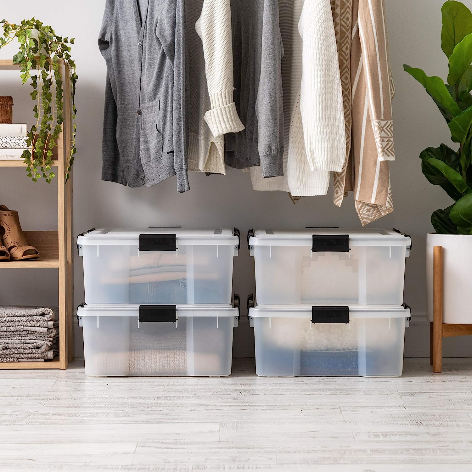 IRIS USA 41 Quart WEATHERPRO Plastic Storage Box with Durable Lid and Seal and Secure Latching Buckles. Weathertight. Clear with Black Buckles. 4 Pack