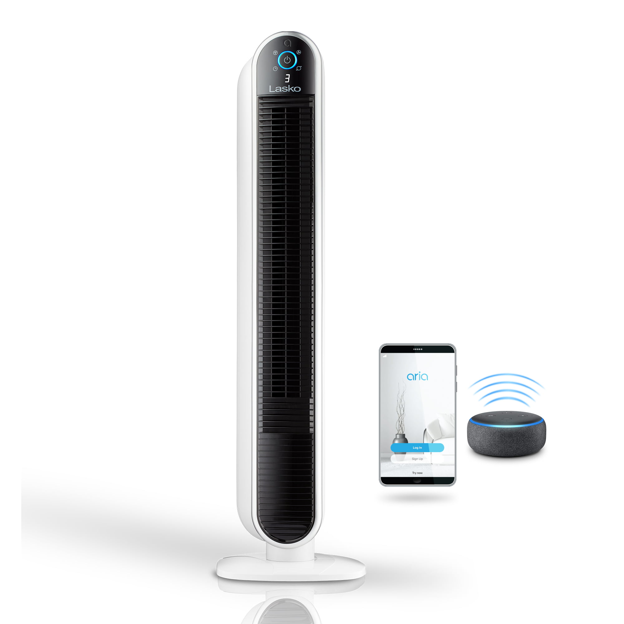 Lasko Smart Tower Fan Powered by Aria. Wi-Fi Connected. Alexa. Google Assistant. 5 Speeds. 40. White T40735