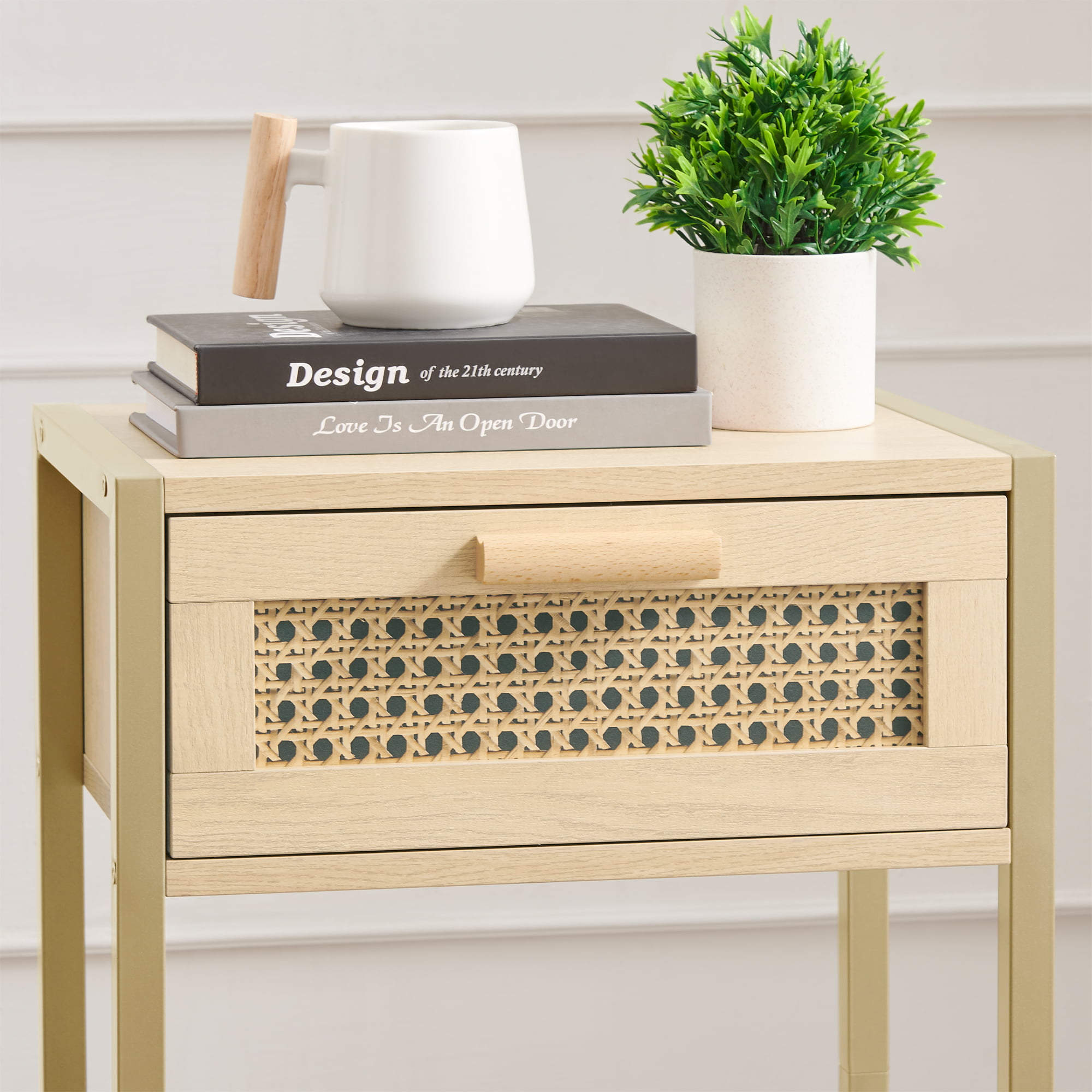YOUKESI Rattan Nightstand. End Table with Shelf and Drawer. Bedside Tables. Natural 02G-003-CTG