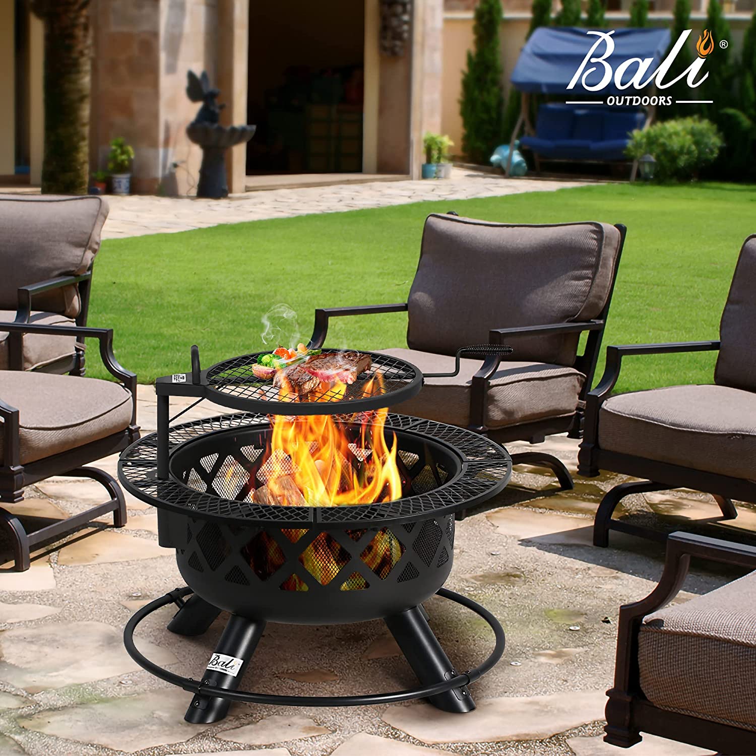 BALI OUTDOORS Wood Burning Fire Pit with Quick Removable Cooking Grill. Black