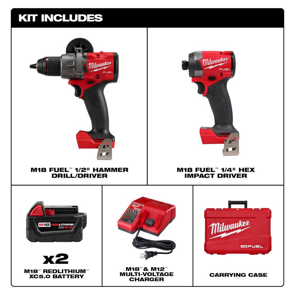 Milwaukee 3697-22 M18 FUEL 18V Lithium-Ion Brushless Cordless Hammer Drill and Impact Driver Combo Kit (2-Tool) with 2 Batteries
