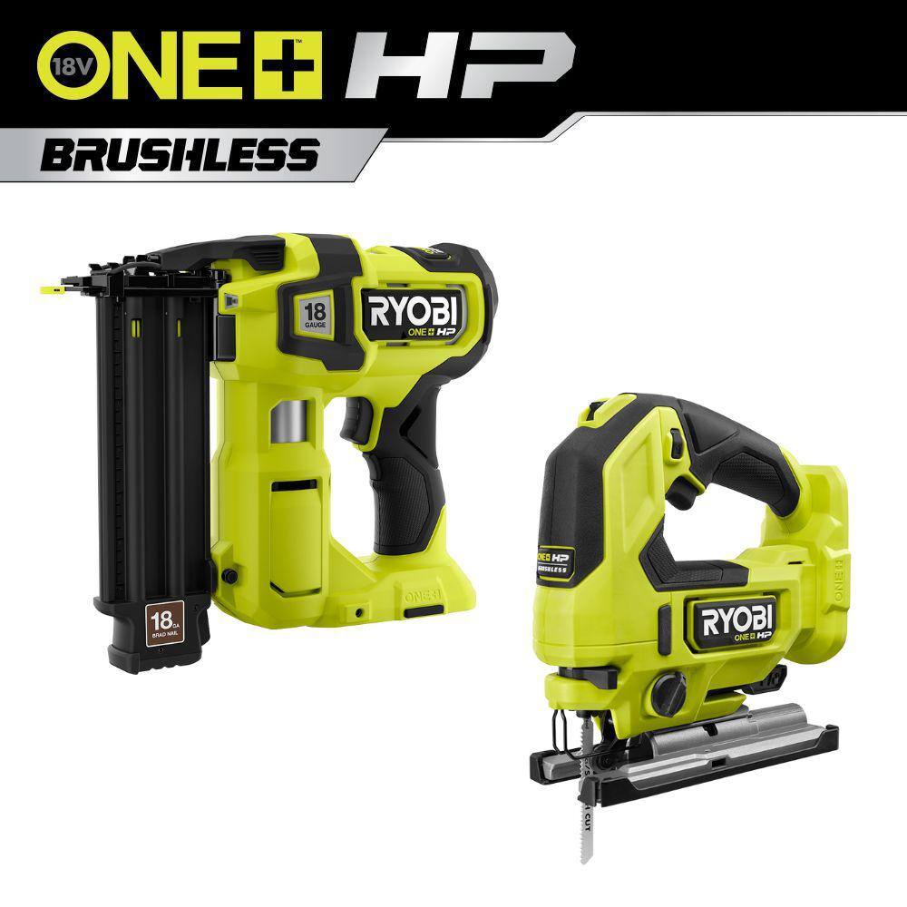RYOBI P322-PBLJS01B ONE+ HP 18V 18-Gauge Brushless Cordless AirStrike Brad Nailer with ONE+ HP 18V Brushless Cordless Jig Saw (Tools Only)