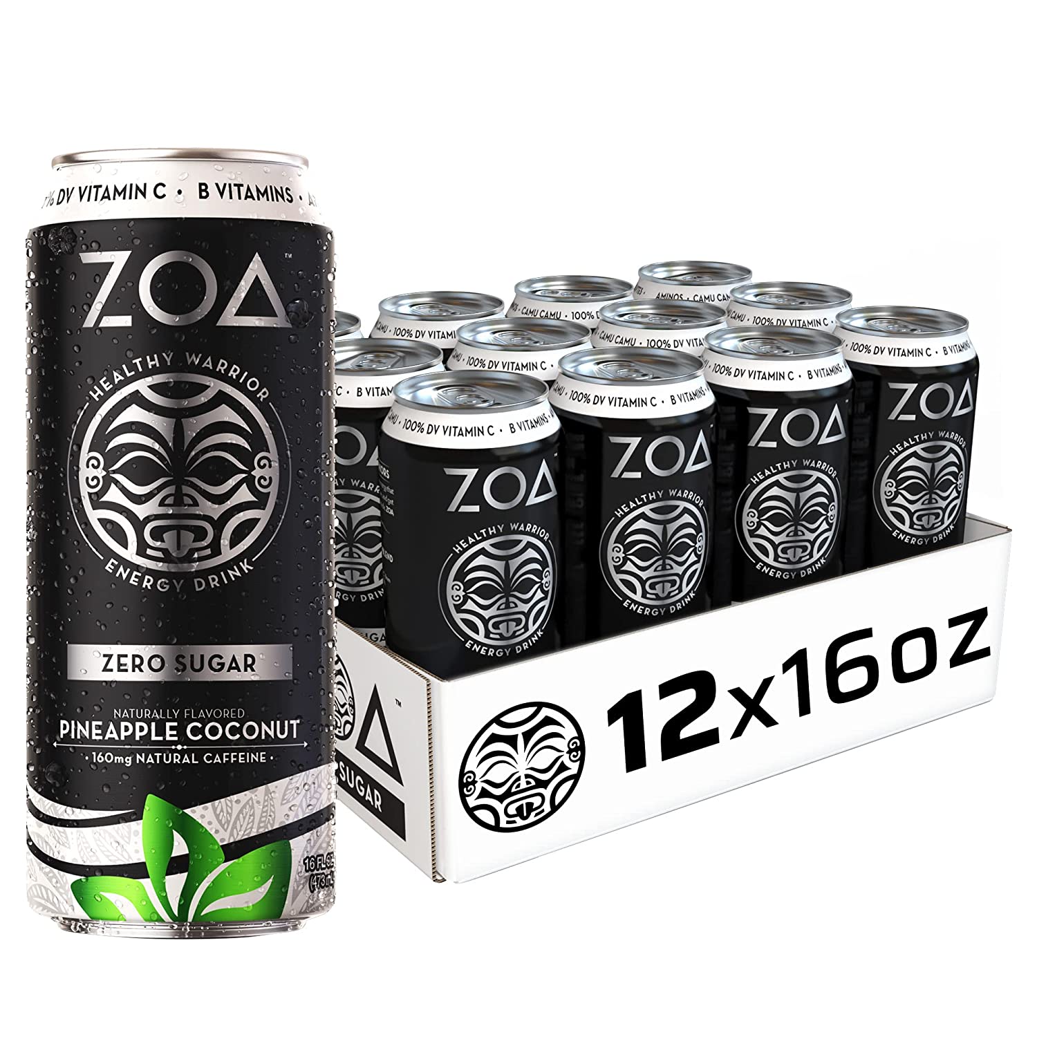 ZOA Zero Sugar Healthy. Positive Energy Drink. Pineapple Coconut. 16 oz. (12 Pack)