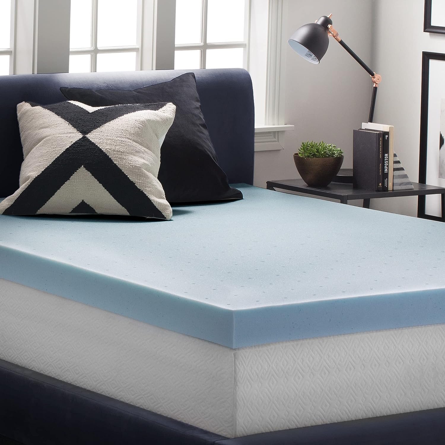 LUCID 4 Inch Gel Memory Foam Mattress Topper. Ventilated Design. Ultra Plush. CertiPUR-US Certified. Full Blue