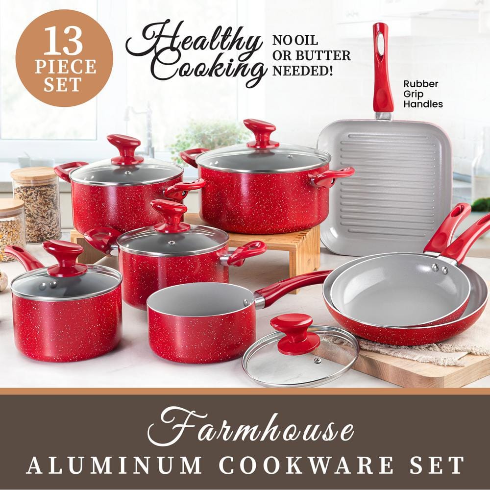 Granite Stone Diamond 8298 Farmhouse 13-Piece Aluminum Ultra-Durable Chalk Grey Diamond Infused Nonstick Coating Cookware Set in Speckled Red