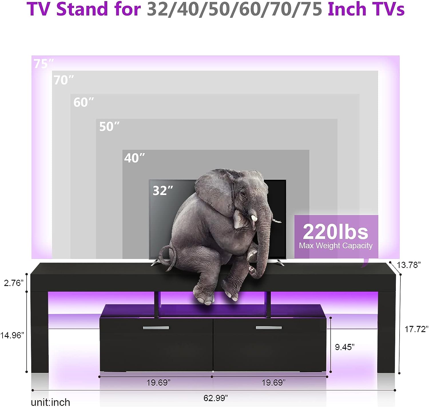 Tantmis Black LED TV Stand for 55/65/70/75 inch TV. TV Media Center. Modern Entertainment Center with Large Storage for Living Room. Bedroom. Gaming TV Stand. 63-W*14-D*18-H