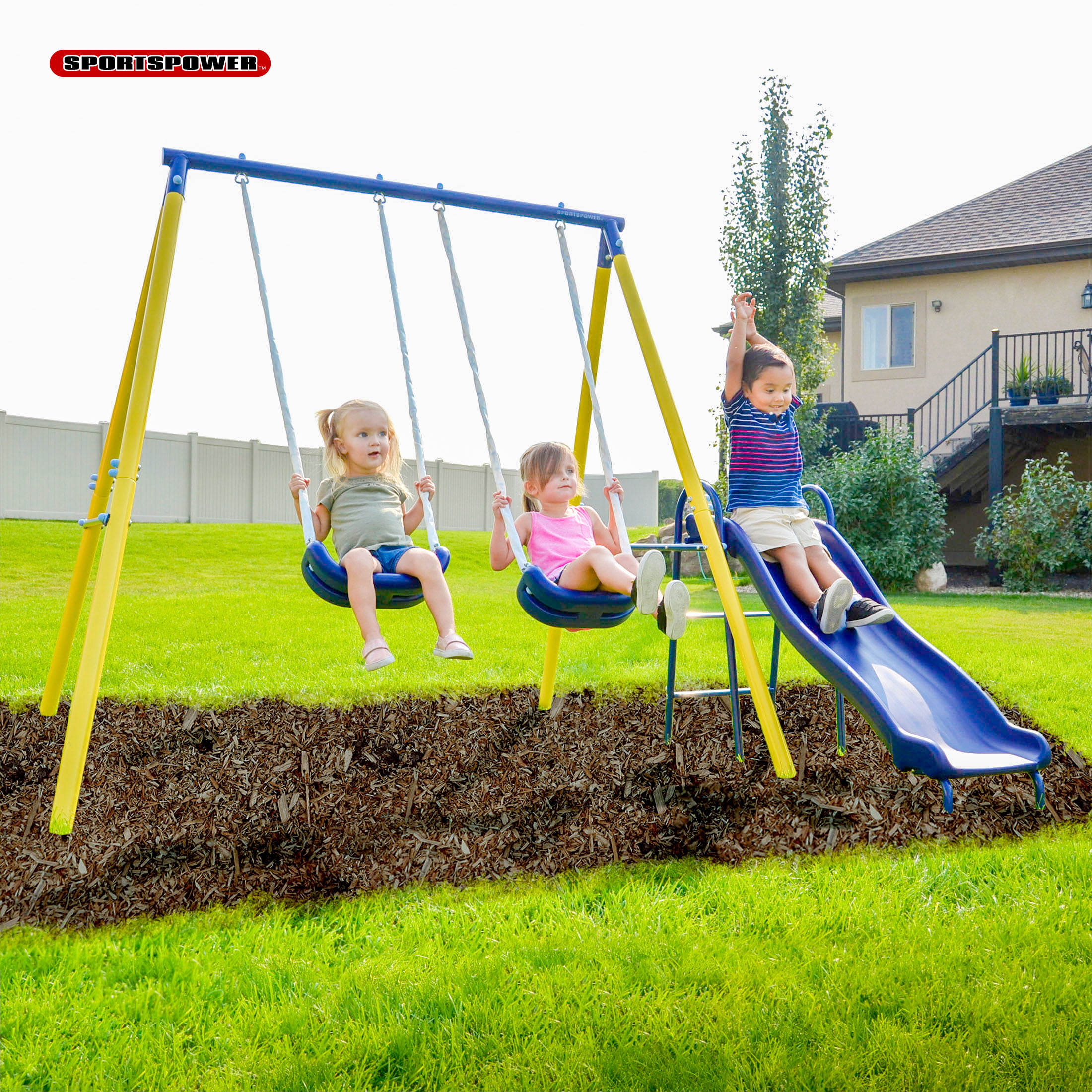 Sportspower Power Play Time Metal Swing Set with 5′ Heavy Duty Slide & 2 Swings