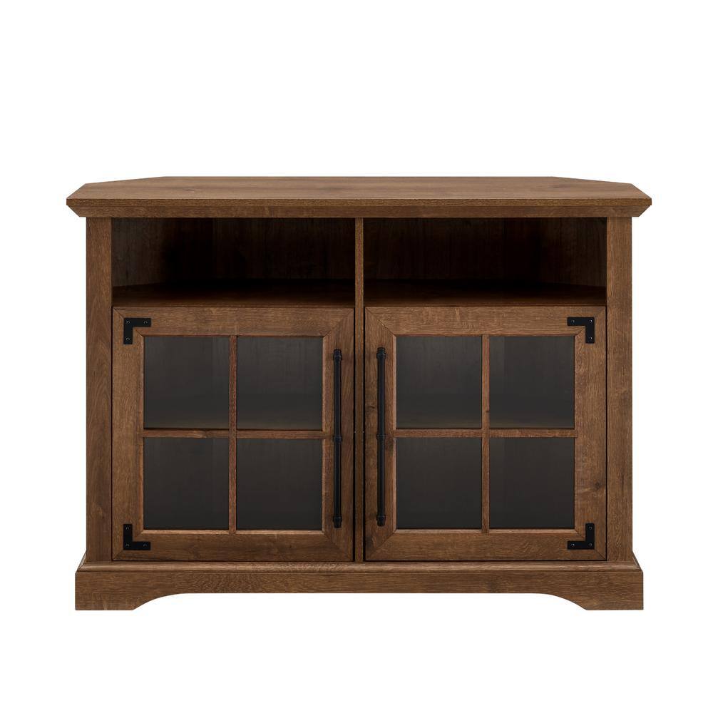 Welwick Designs  44 in. Natural Walnut Wood and Glass Transitional Farmhouse Window Pane Door Corner TV Stand Fits TVs up to 50 in.