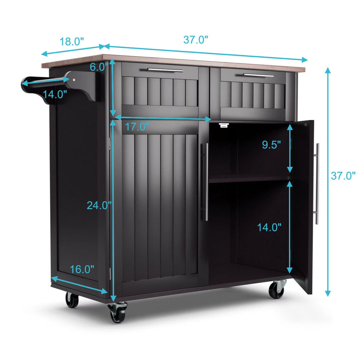 Costway Rolling Kitchen Cart Island Heavy Duty Storage Brown Trolley Cabinet Utility Modern