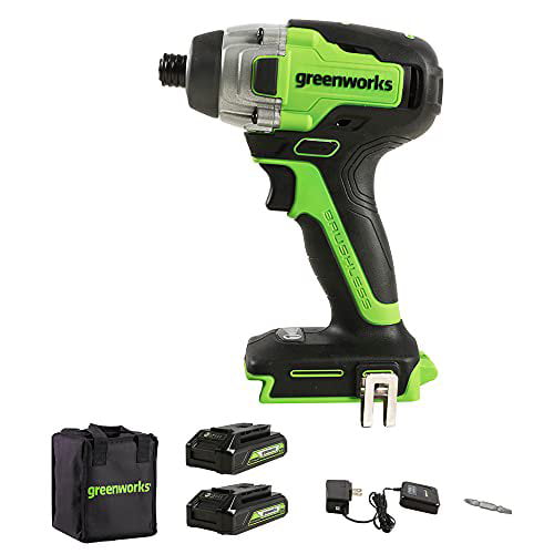 Greenworks 24V Brushless Cordless 1/4-inch Impact Driver with (2) USB Batteries (Power Banks) and Charger Included. LED Light. 2pcs Driving Bits with Tool Bag. 3803702AZ