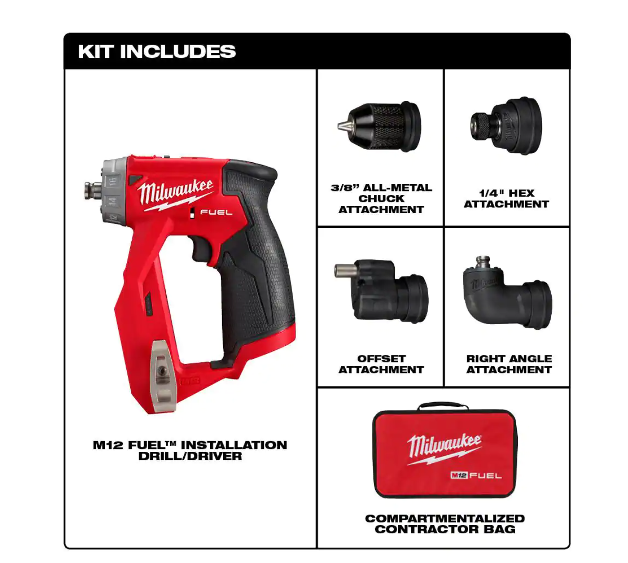 Milwaukee 2505-20 M12 FUEL 12-Volt Lithium-Ion Brushless Cordless 4-in-1 Installation 3/8 in. Drill Driver with 4 Tool Head (Tool-Only)
