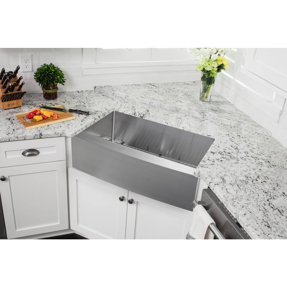 IPT Sink Company 1002286332 Apron Front 36 in. 16-Gauge Stainless Steel Single Bowl Kitchen Sink in Brushed Stainless with Pull Out Kitchen Faucet