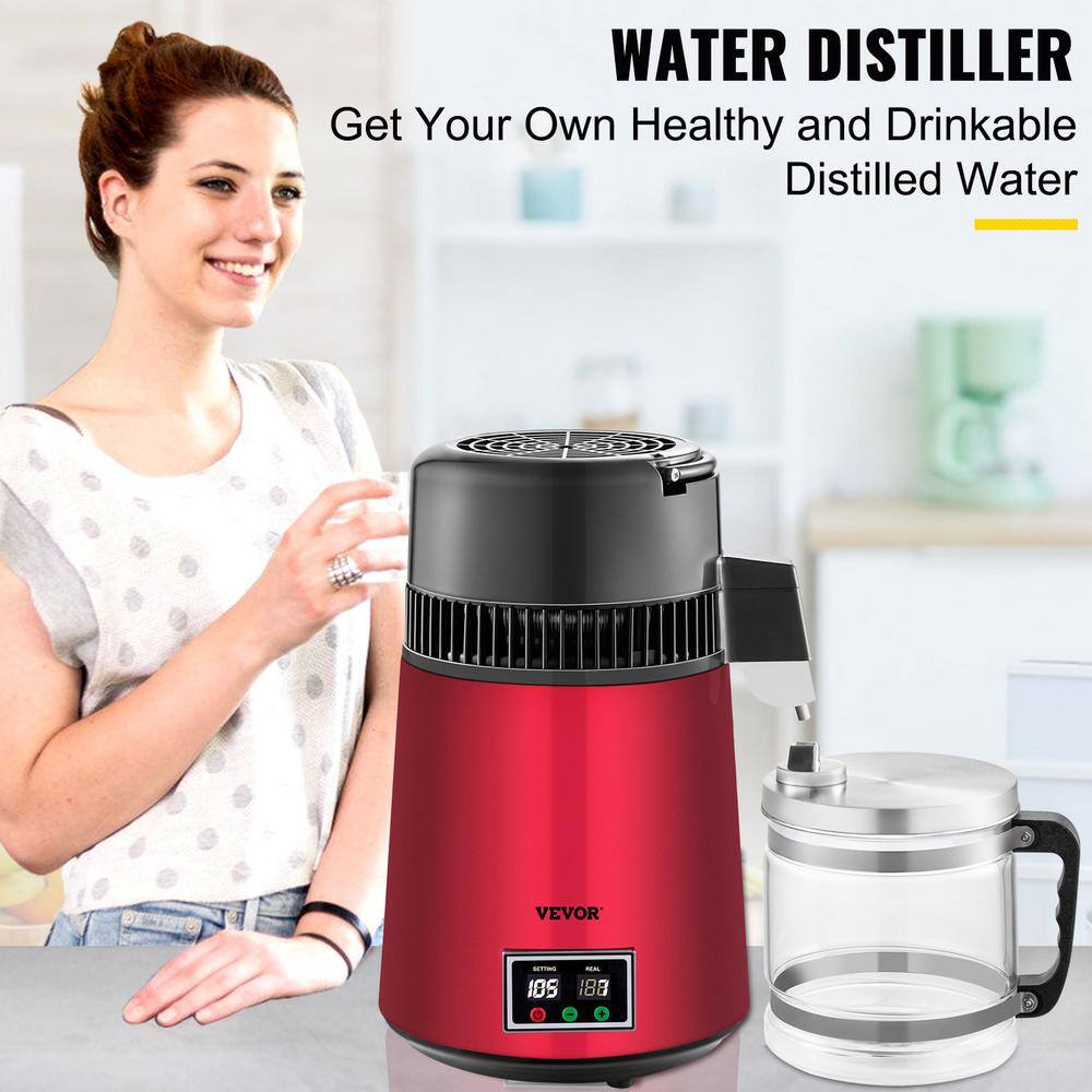 VEVOR  Water Distiller 1.1 Gal. Countertop Distilled Water Maker 750 Watt Dual Temperature Displays Pure Water Distiller. Red