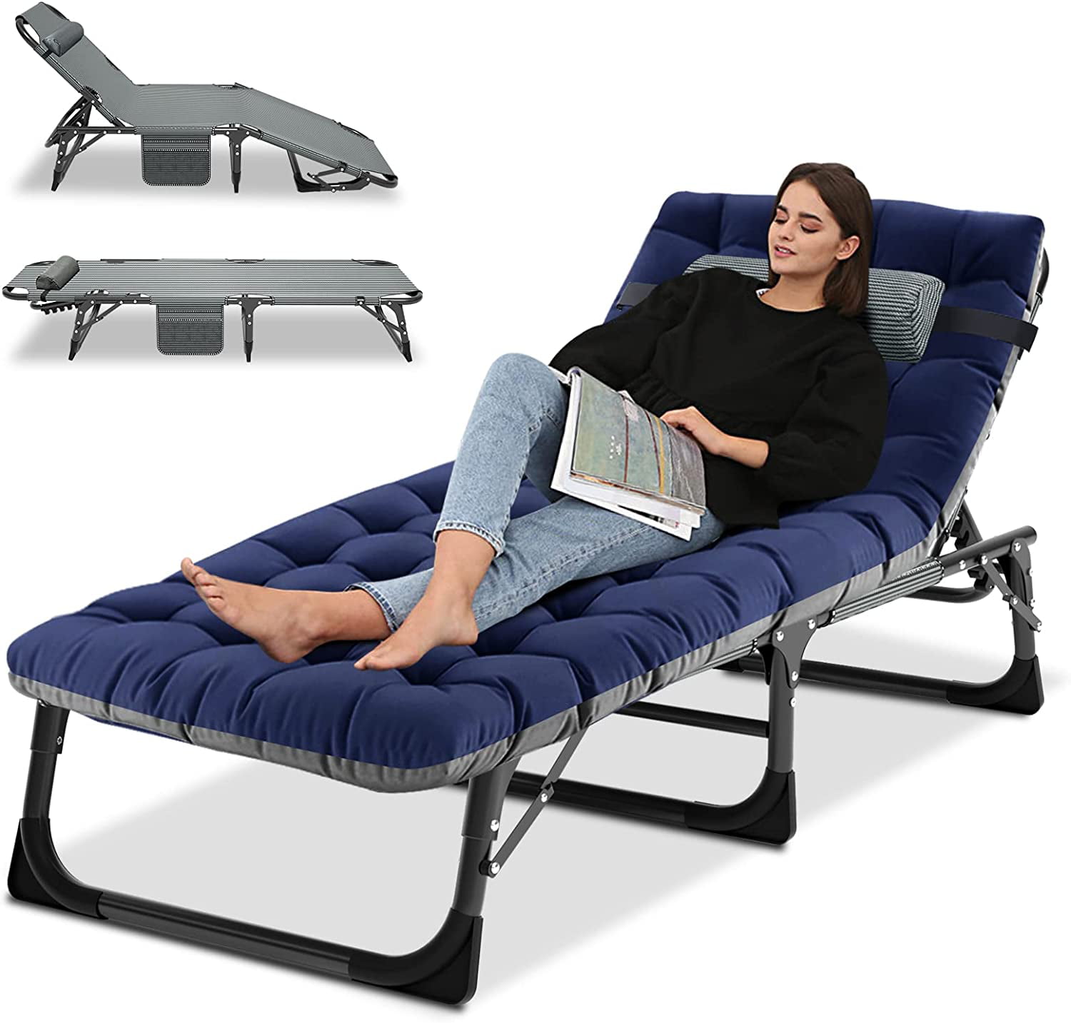 Slsy Folding Sleeping Cots Bed with 2 Sided Mattress & Pillow. Folding Camping Cot. Adjustable 4-Position Folding Lounge Chair