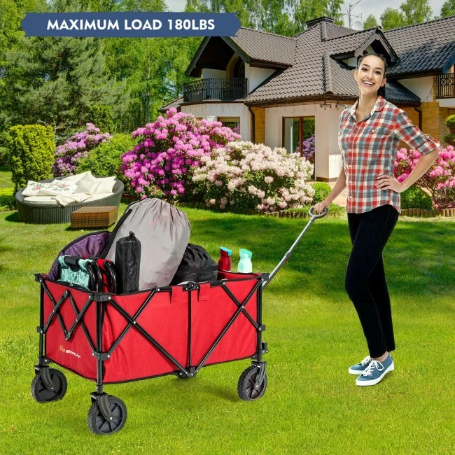 Outdoor Folding Wagon Cart. Red. 11″ x 9.5″ x 24.5″  with Adjustable Handle and Universal Wheels