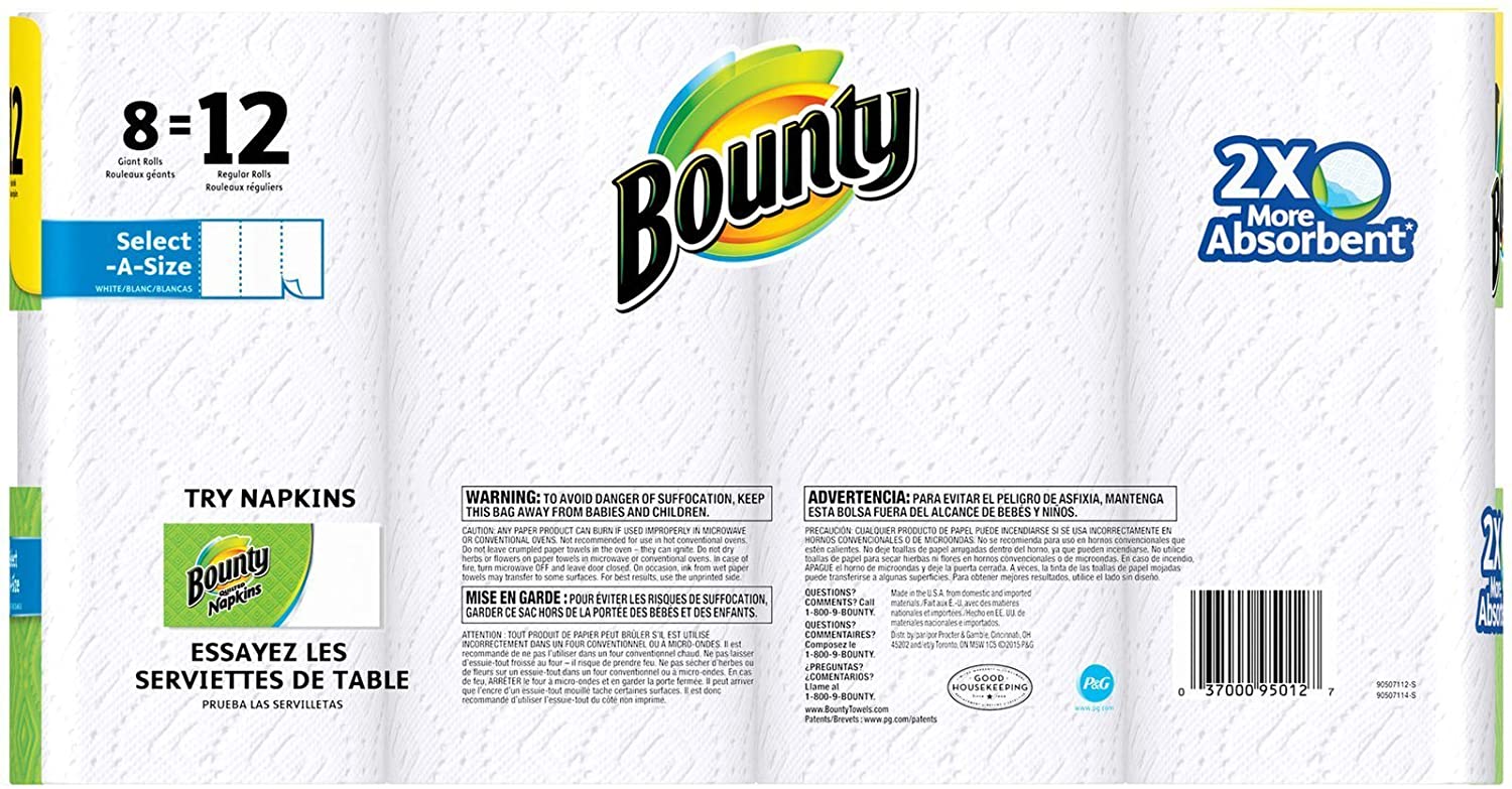Bounty Select-A-Size Paper Towels. White. Giant Roll - 8 Pack