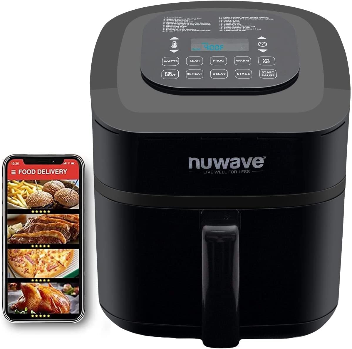NUWAVE Brio 7-in-1 Air Fryer Oven. 7.25-Qt with One-Touch Digital Controls. 50°- 400°F Temperature Controls in 5° Increments. Linear Thermal (Linear T) for Perfect Results