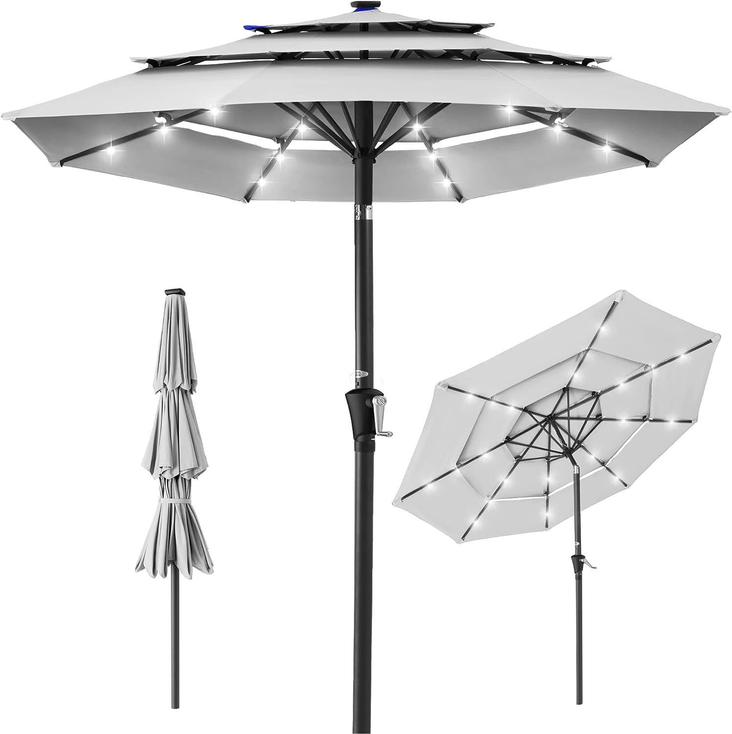 Best Choice Products 10ft 3-Tier Solar Patio Umbrella. Outdoor Market Sun Shade for Backyard. Deck. Poolside w/ 24 LED Lights. Tilt Adjustment. Easy Crank. 8 Ribs - Fog Gray