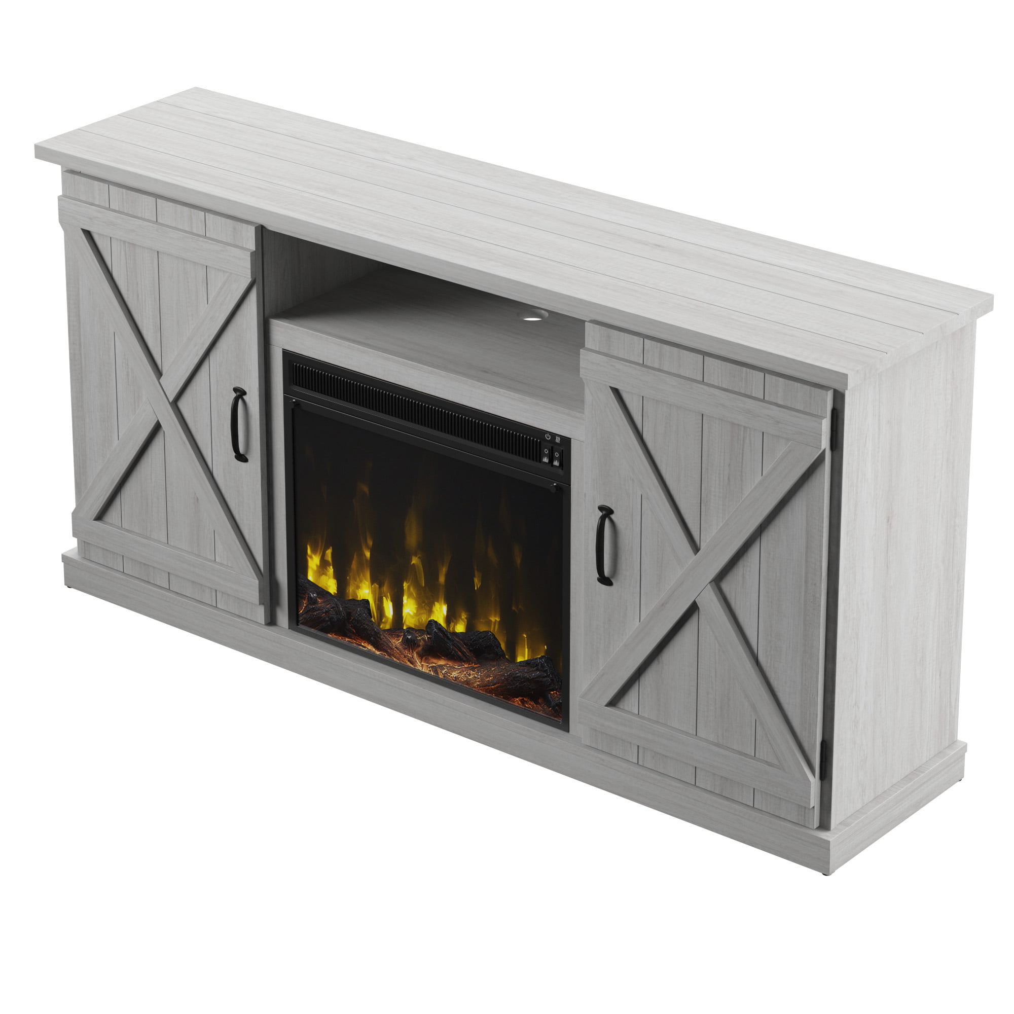 Twin Star Home Barn Door TV Stand for TVs up to 70 inches with ClassicFlame Electric Fireplace. Sargent Oak