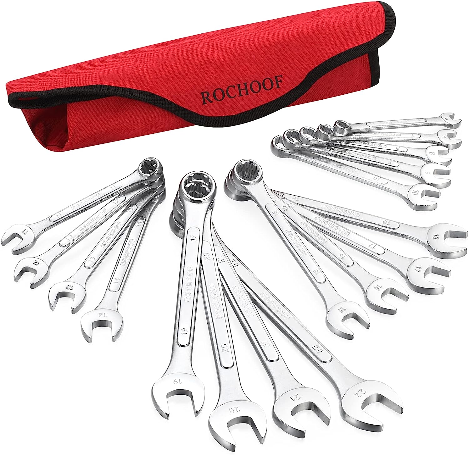 ROCHOOF Combination Wrench Set.17-Piece Metric Wrench Set 12-Point Chrome Vanadium Steel Wrenches 6-23mm with Rolling Pouch