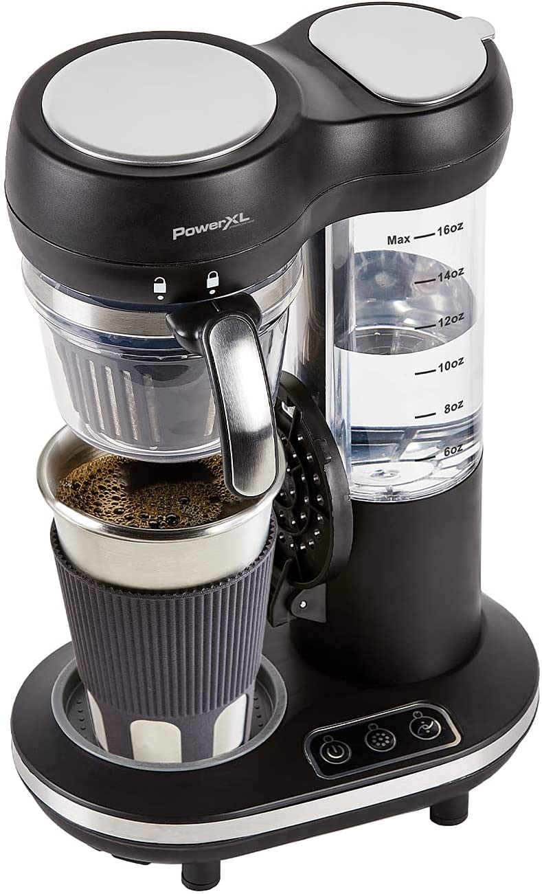 PowerXL Grind & Go. Automatic Single Serve Coffee Maker with Grinder Built-in and 16 oz. Travel Mug. Single Cup Drip Coffee Machine. Stainless Steel Blades. CL-004. Black