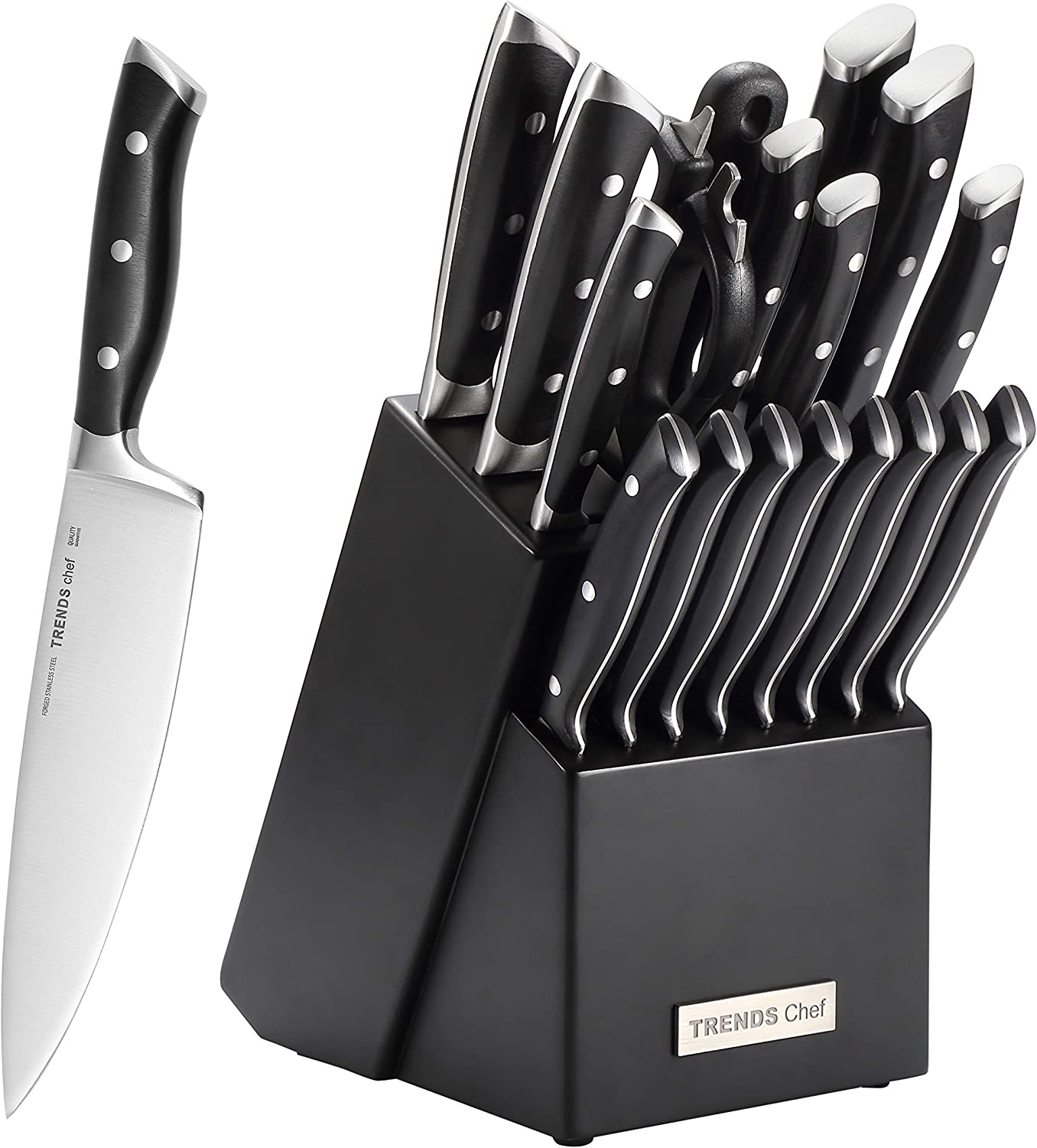 TRENDS Chef 19 Pc Premium German Steel #1.4116 Kitchen Knife Block Set. Triple Rivet. This set of Knives is a super sharp knife set for the kitchen. 16 Knives. Sharpener. Block. and kitchen shears.