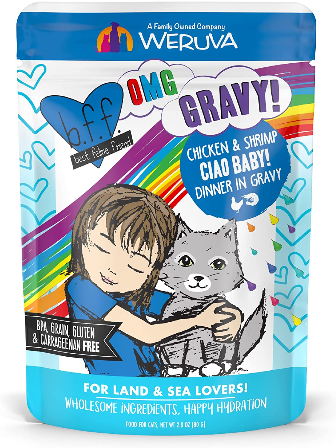 Weruva B.F.F. OMG - Best Feline Friend Oh My Gravy!. Ciao Baby! with Chicken & Shrimp in Gravy Cat Food. 2.8oz Pouch (Pack of 12)
