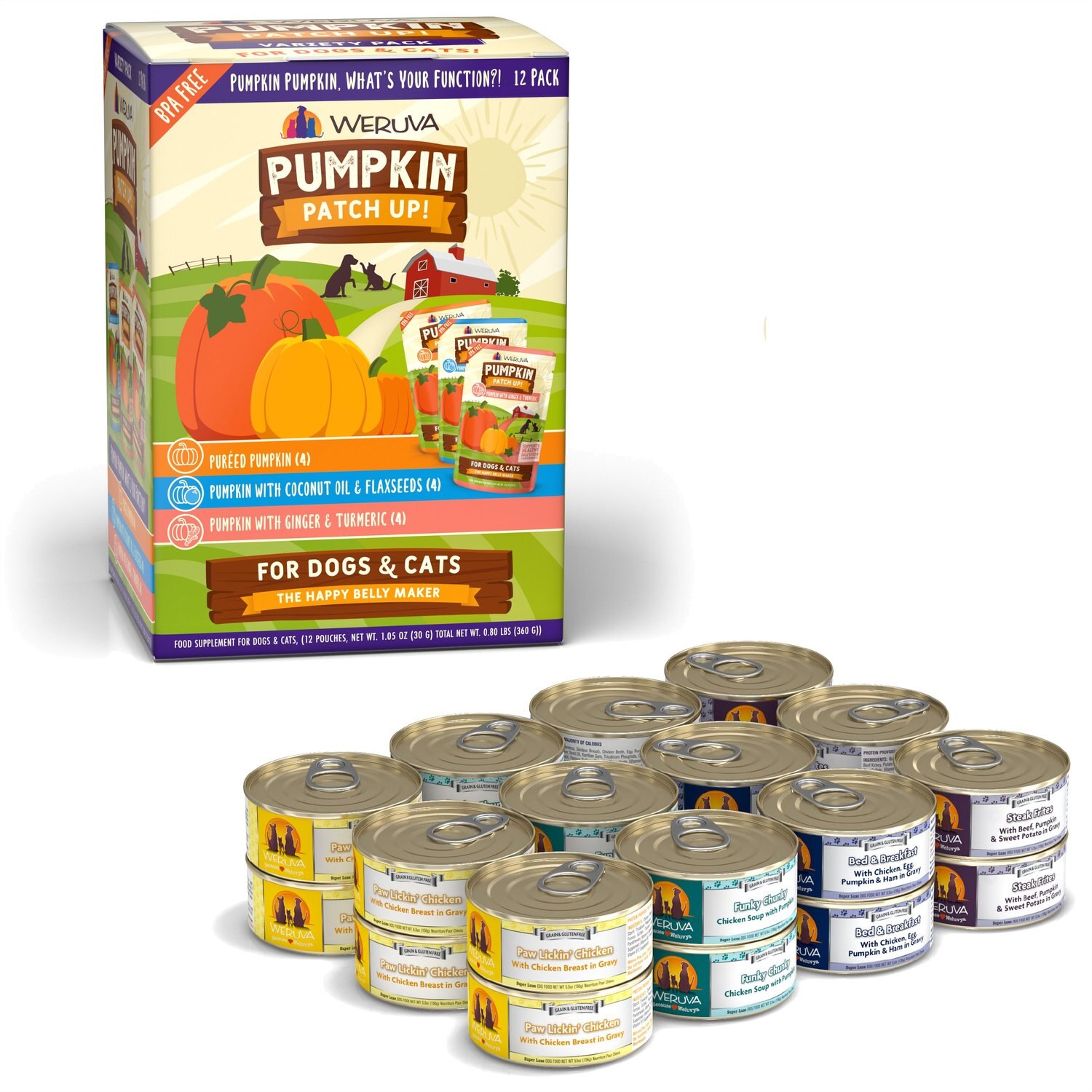 Weruva Baron-s Batch Variety Pack Canned Food +  Pumpkin Patch Up! Pumpkin Pumpkin. What-s Your Function? Variety Pack Dog & Cat Wet Food Supplement