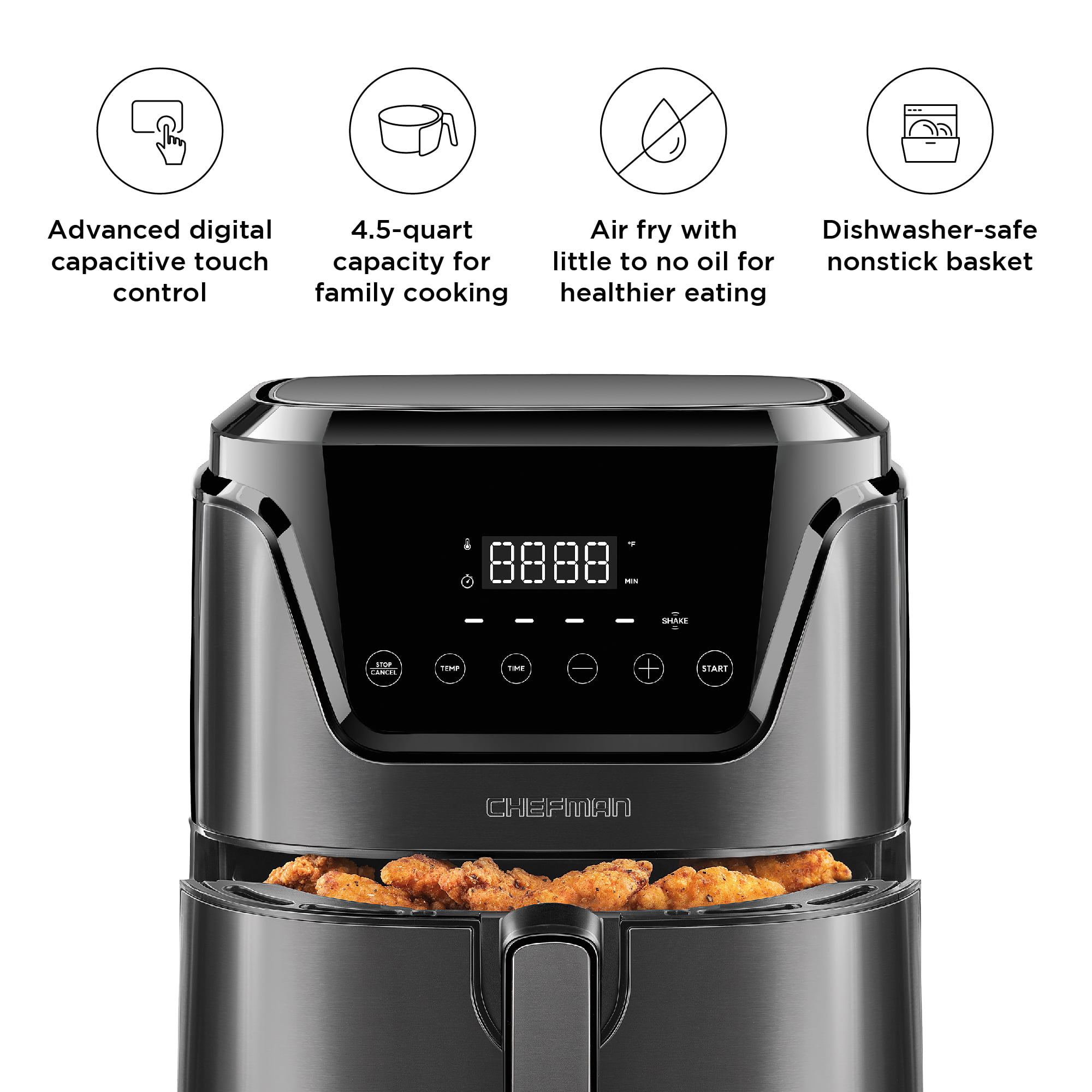 Chefman 4.5 Quart  Air Fryer. Stainless Steel. Dishwasher Safe Basket. BPA-Free. 60 Min Timer.Black