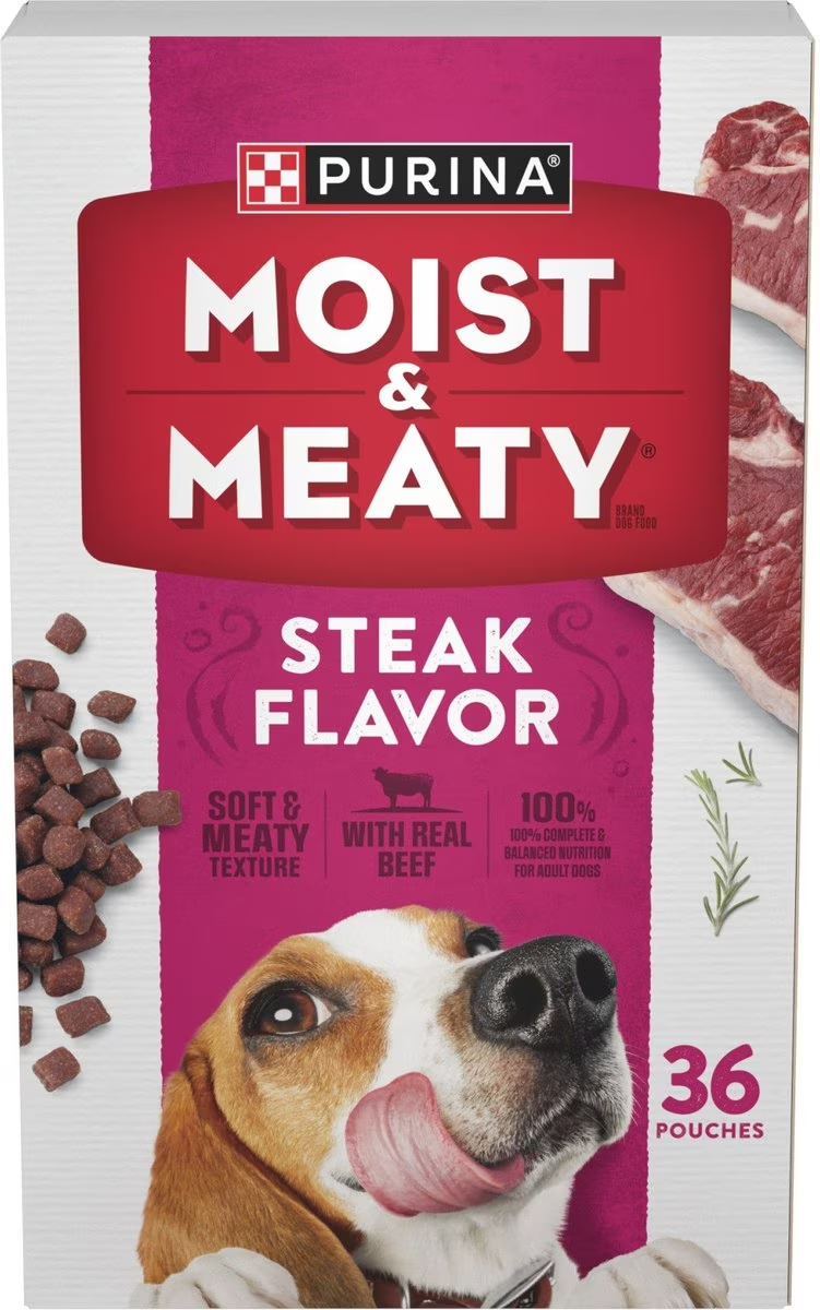 Purina Moist & Meaty Wet Dog Food. Steak Flavor - 36 ct. Pouch