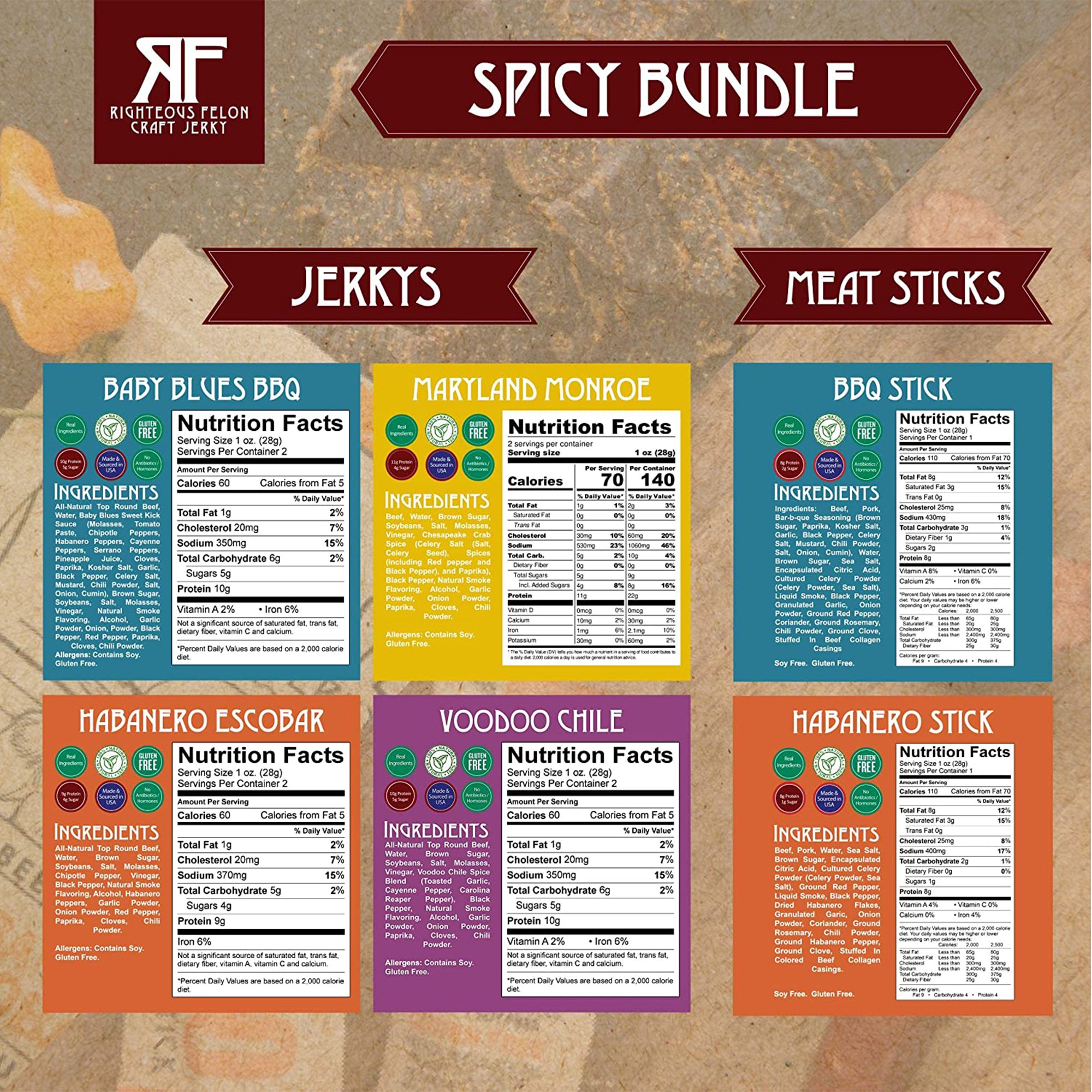 Righteous Felon Beef Jerky and Meat Sticks Variety Pack Low Calorie Gluten-Free Healthy Snacks Bundle Spicy 6 Pack