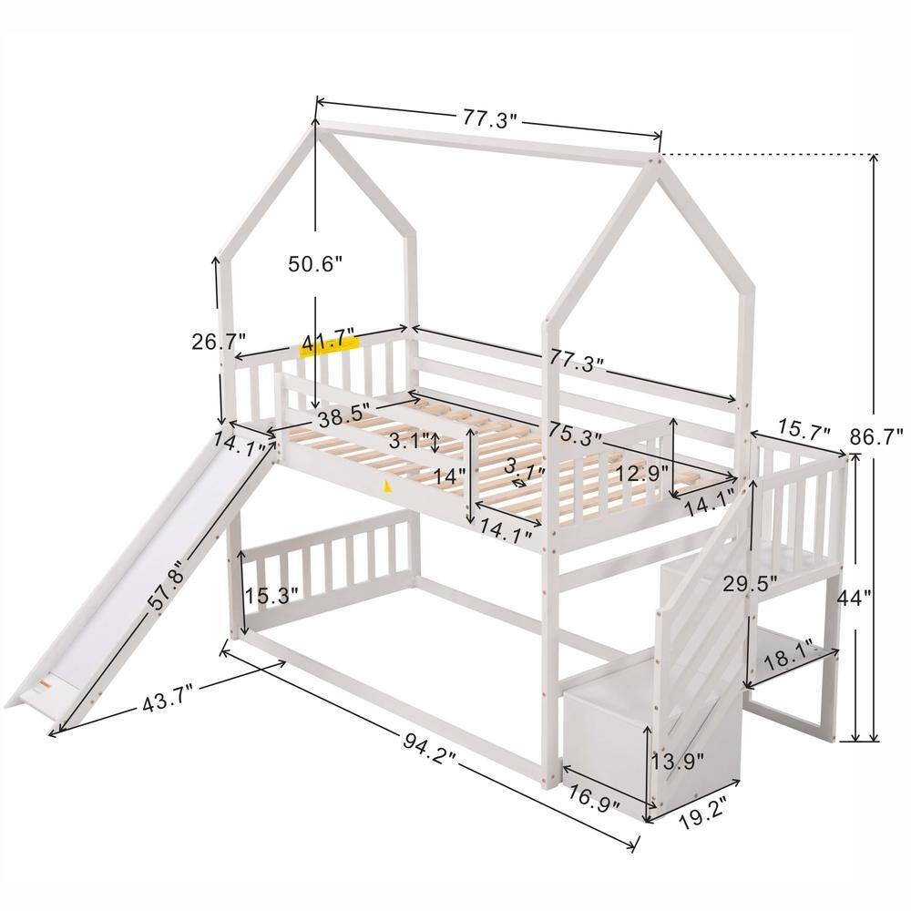 Harper & Bright Designs  White Twin Over Twin Wood House Bunk Bed with Convertible Slide and Storage Staircase