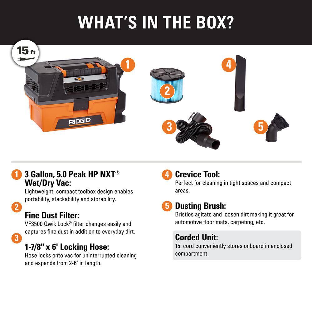 RIDGID HD0300 3 Gallon 5.0 Peak HP NXT Wet/Dry Shop Vacuum with Filter. Expandable Locking Hose and Accessories