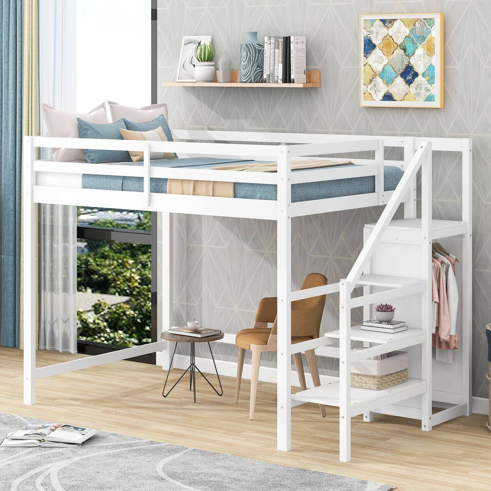 Harper & Bright Designs  White Full Size Wood Loft Bed with Staircase and Built-in Storage Wardrobe