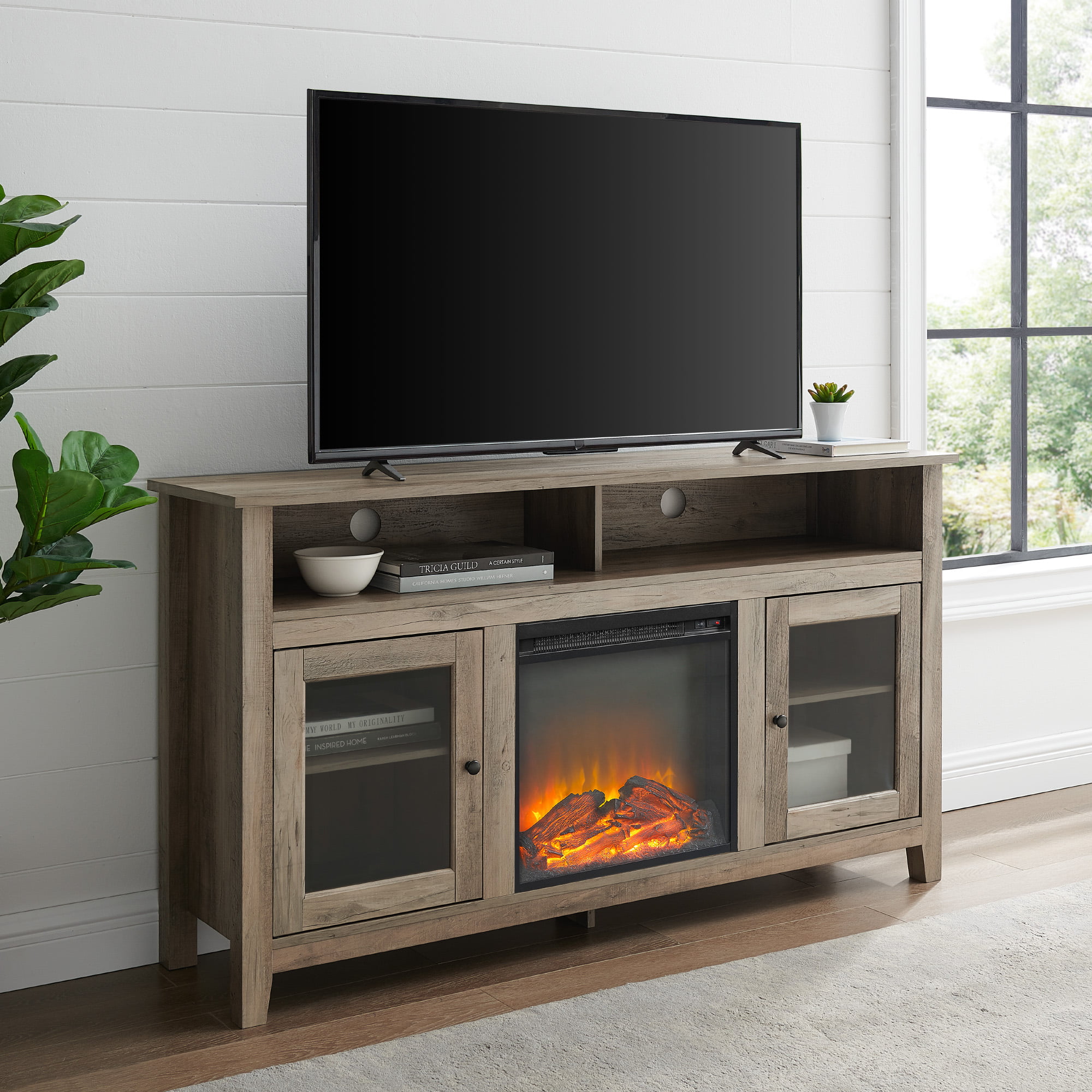 Woven Paths Highboy 2 Door Electric Fireplace TV Stand for TVs up to 65″. Grey Wash