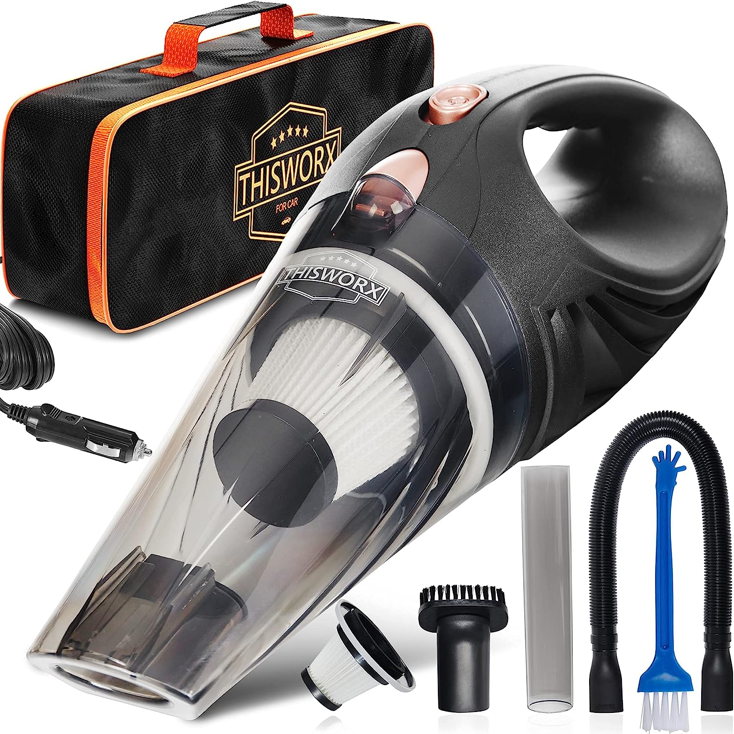 ThisWorx Car Vacuum Cleaner - Car Accessories - Small 12V High Power Handheld Portable Car Vacuum w/Attachments. 16 Ft Cord & Bag - Detailing Kit Essentials for Travel. RV Camper. Black