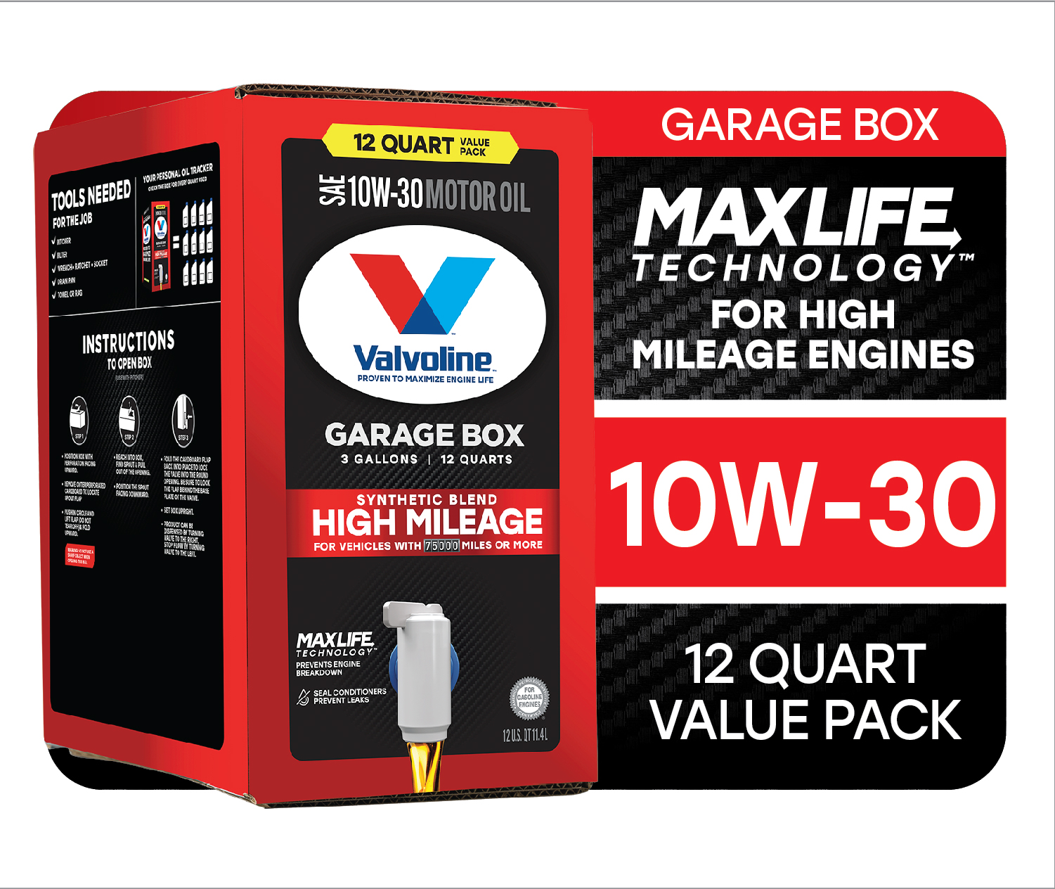 Valvoline High Mileage MaxLife 10W-30 Synthetic Blend Motor Oil 12 QT Garage Box