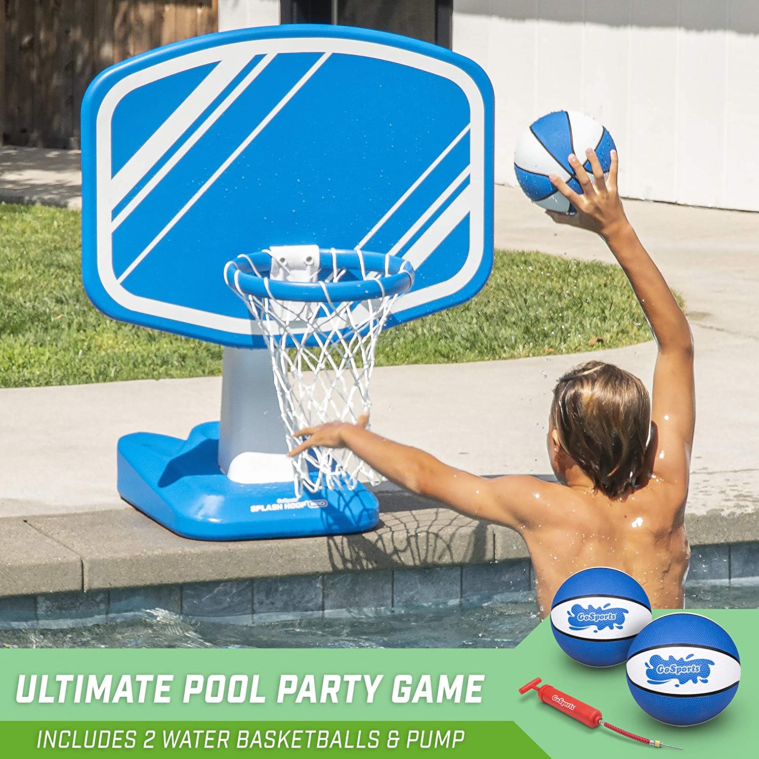 GoSports Splash Hoop Swimming Pool Basketball Game. Includes Poolside Water Basketball Hoop. 2 Balls and Pump