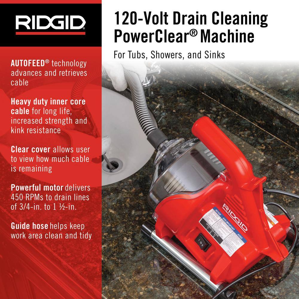 RIDGID 55808 PowerClear 120-Volt Drain Cleaning Snake Auger Machine for Heavy Duty Pipe Cleaning for Tubs. Showers. and Sinks
