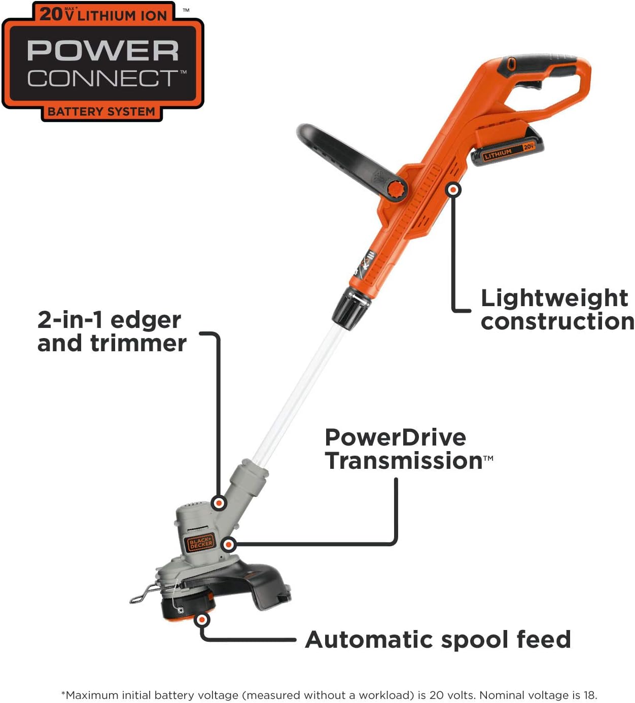 BLACK+DECKER 20V MAX Cordless String Trimmer. 2 in 1 Trimmer and Edger. 12 Inch. Battery Included (LST300)